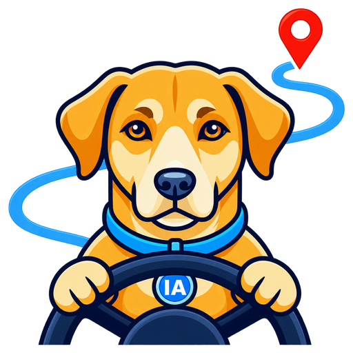 La mascotte d’Infonovice Maps, un chien au volant, une épingle de carte au-dessus de lui.